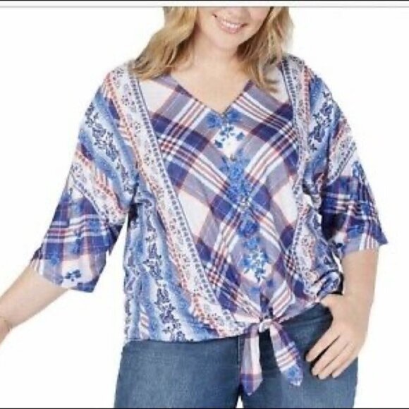 🌟HP FLORAL PLAID FRONT TIE Multicolor New Style & Co Button Up Blouse Colorful - Picture 2 of 16